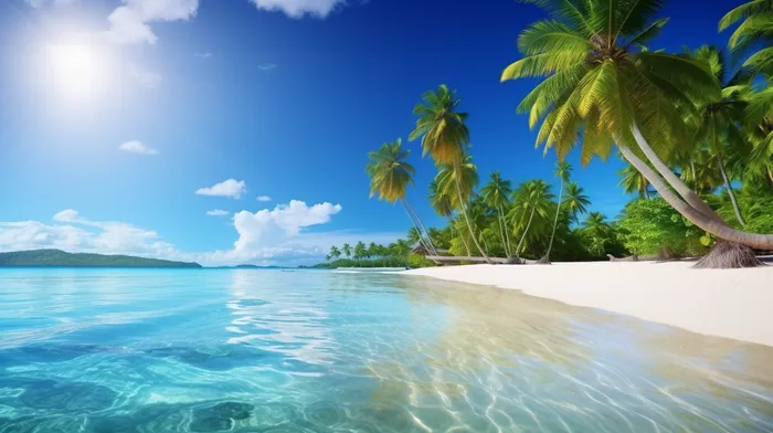 夏日海边清透的海水沙滩椰树摄影图(4368x2448)