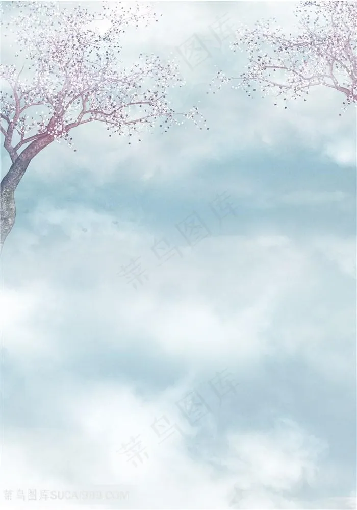 白云天空桃花树婚纱背景大图