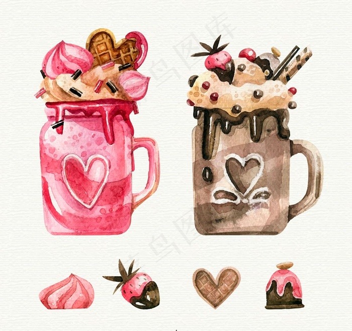 2款水彩绘美味芭菲冰淇淋矢量素材