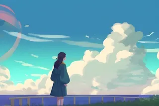 天空彩虹白云毕业的女孩插画背景