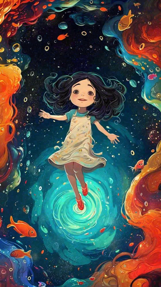 炫酷浪漫海洋海底水底可爱女孩手绘插画，鱼类水母生物(816x1456)