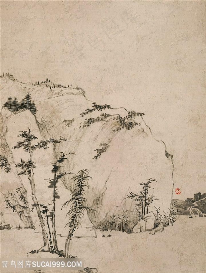 清代弘仁山水图岩石树木国画图片