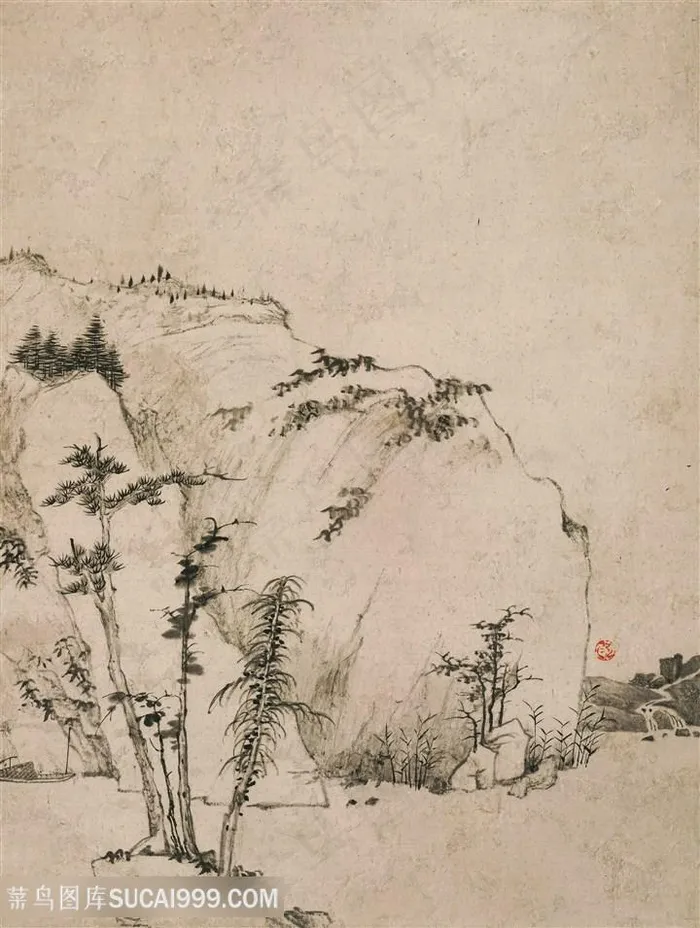 清代弘仁山水图岩石树木国画图片