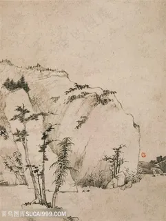 清代弘仁山水图岩石树木国画图片