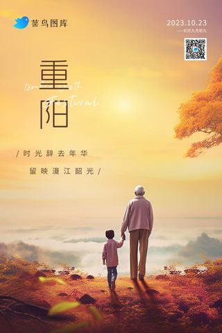 重阳节落日黄昏老人儿童陪伴海报