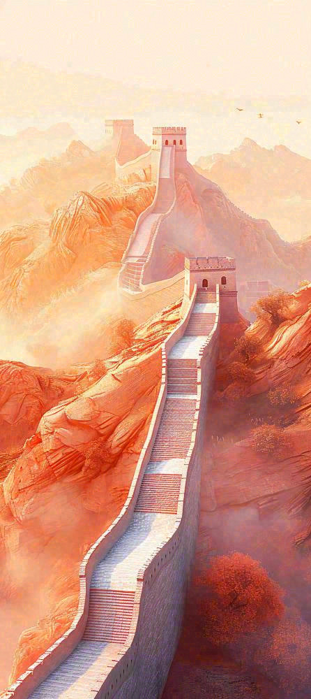 万里长城古风中国风古代建筑落日晚霞插画(736x1648)