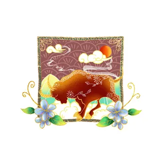 中国风国潮十二生肖牛手绘烫金插画春节剪纸元素PSD设计素材