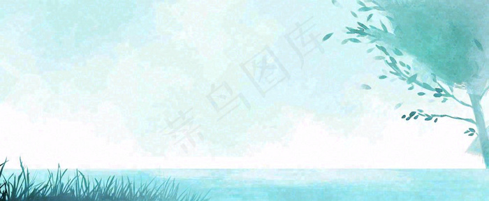 夏天海面清新绿植简约插画，夏至春分谷雨(1712x704)
