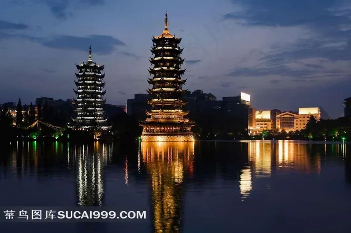 桂林两江四湖日月塔夜景高清素材