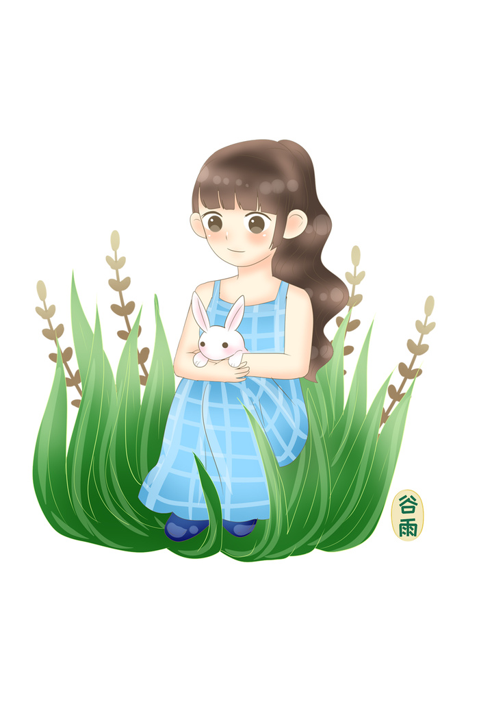 二十四节气谷雨女孩抱着兔子场景插画
