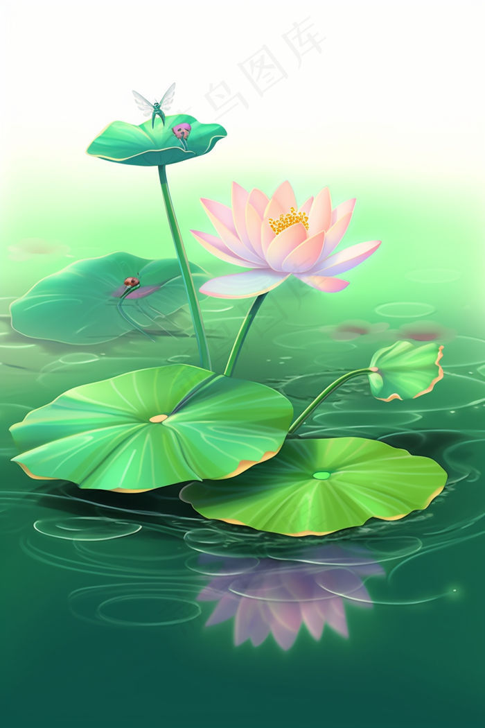 梦幻壁纸清新插画睡莲荷花池塘