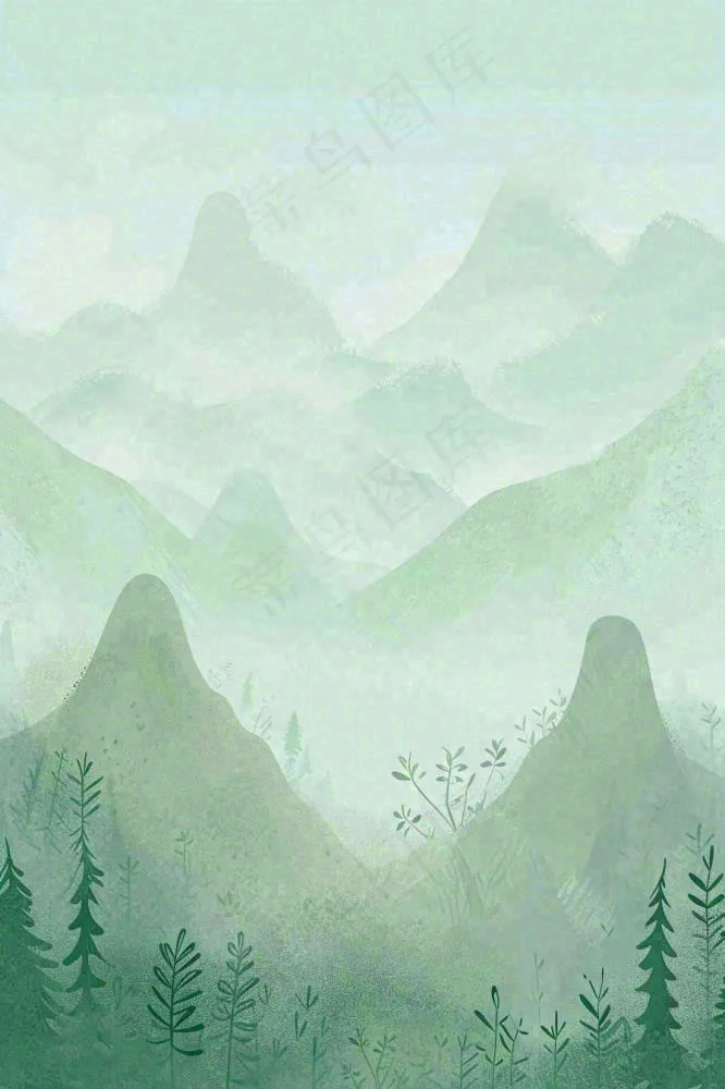 青绿山脉树木小草扁平插画手绘(896x1344)