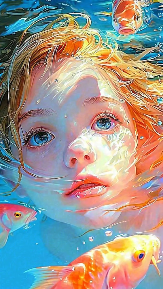 海底世界金鱼鱼类和小女孩人物游泳(816x1440)