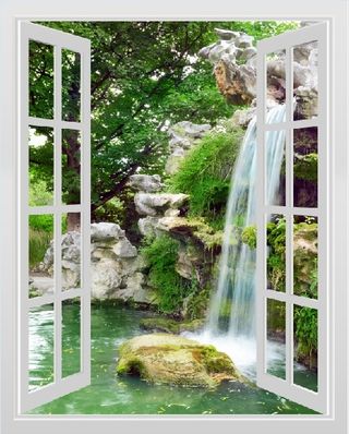 流水生财窗户瀑布背景墙