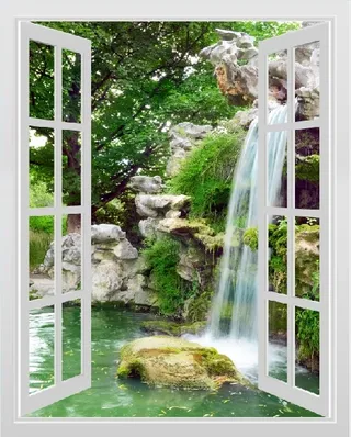 流水生财窗户瀑布背景墙