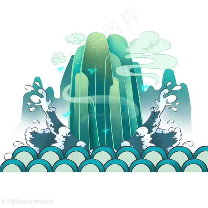 手绘山峰波浪波纹插画