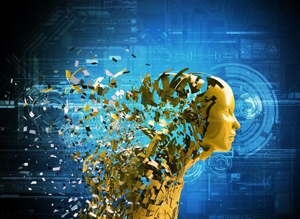 蓝色科技背景上粉碎的金色机器人高清图片