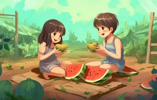 土地上吃西瓜的少年背景