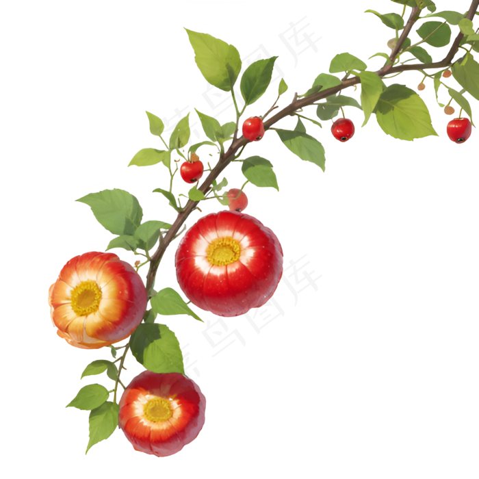 红色绿色免抠手绘素材PNG7植物花