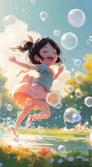 春天夏天女孩草地玩耍，阳光白云气泡可爱插画