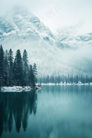 雪山树林河面背景