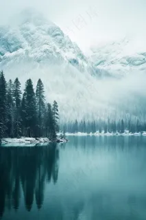 雪山树林河面背景 雪山树林河面背景