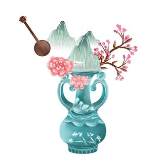 时尚微景观山水装饰庭院祥云中式国潮风插图插画元素素材设计模板