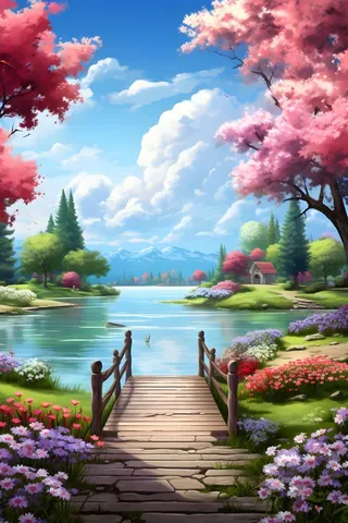 蓝天森林小桥花朵背景