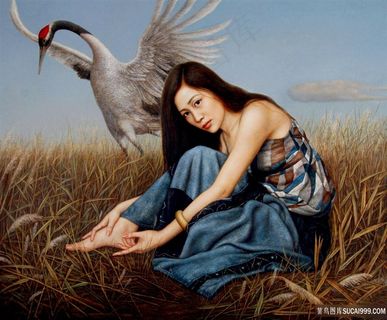 仙鹤美女草地风景画油画