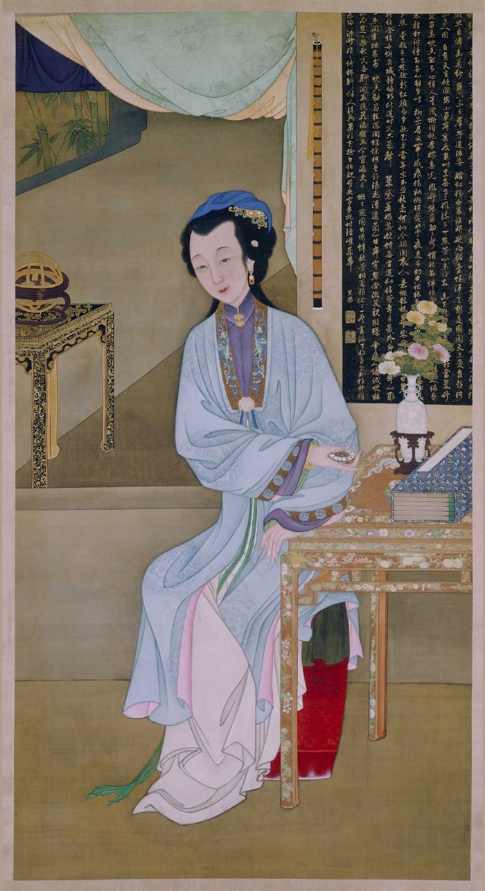 雍亲王题书堂深居图屏之持表对菊