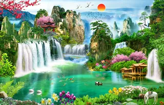 清新流水生财木房桃花双马背景