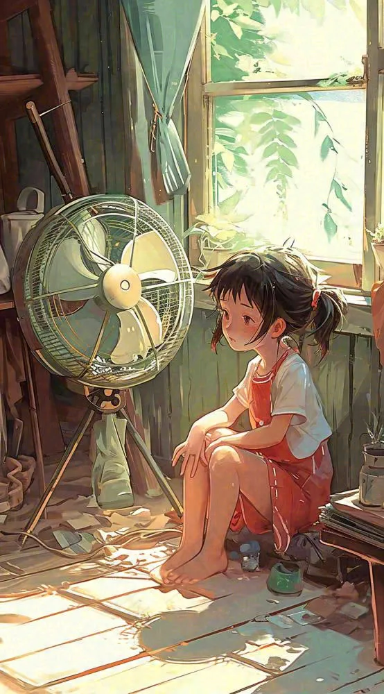 夏天夏季居家儿童吹清凉风扇，夏至小暑大暑手绘插画(816x1472)