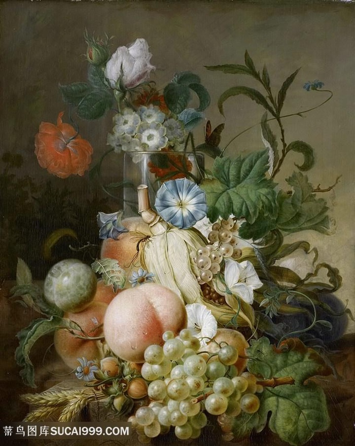 高清葡萄桃子鲜花植物油画图片
