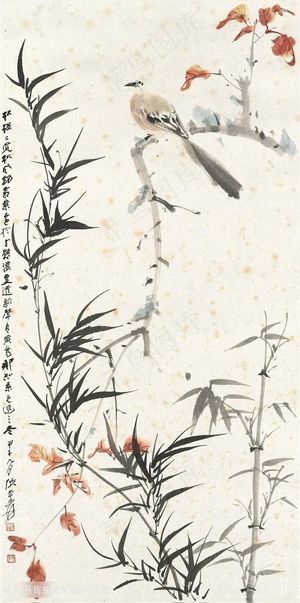 张大千植物竹子与鸟国画图片