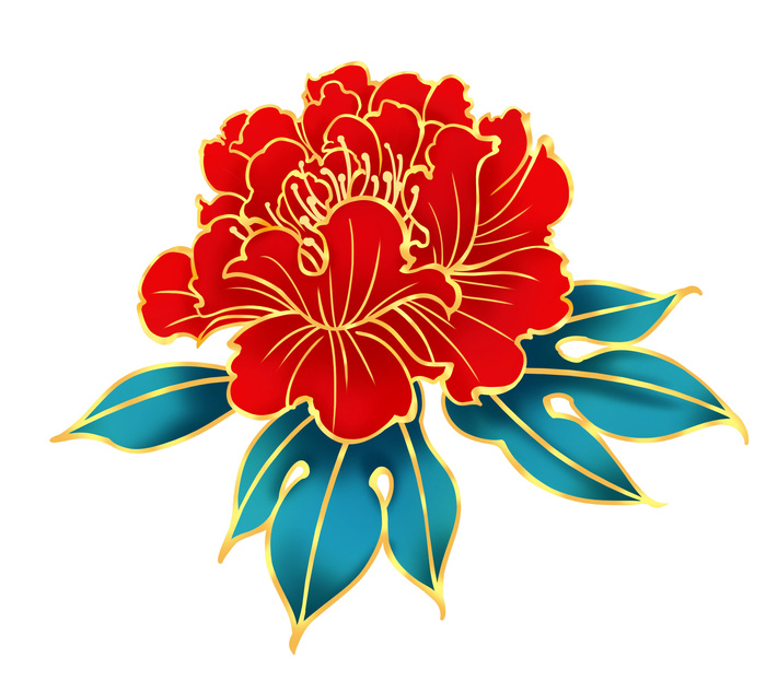 国潮风立体浮雕金边手绘花朵花卉PSD设计PNG免扣图片元素素材