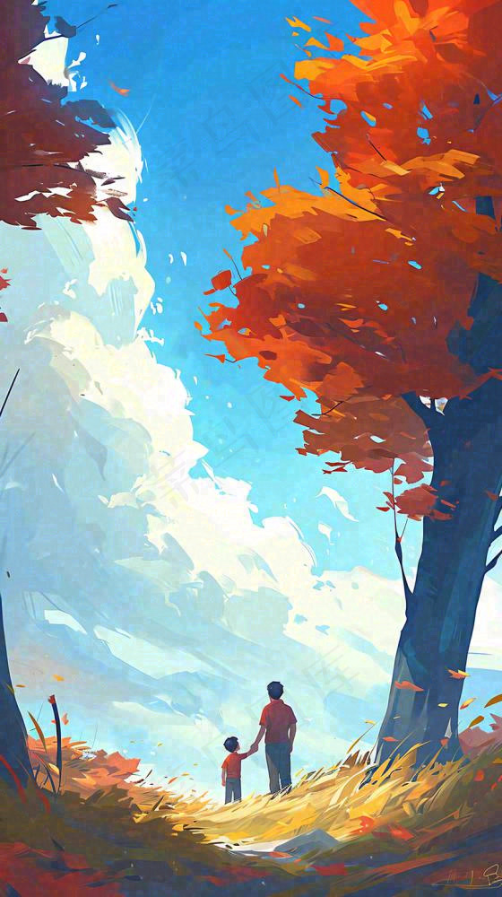 秋天红色秋叶树落叶温馨自然风景，立秋手绘插画(816x1456)