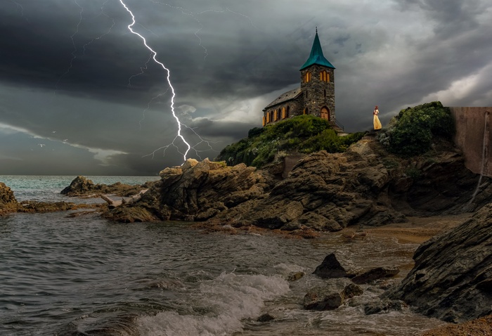 教堂,悬崖,闪电,女子,乌云,风暴,海,海洋