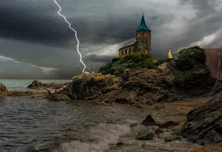 教堂,悬崖,闪电,女子,乌云,风暴,海,海洋