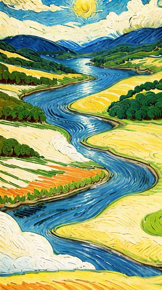 远山大河日出现代简约风格清新色系油画装饰画