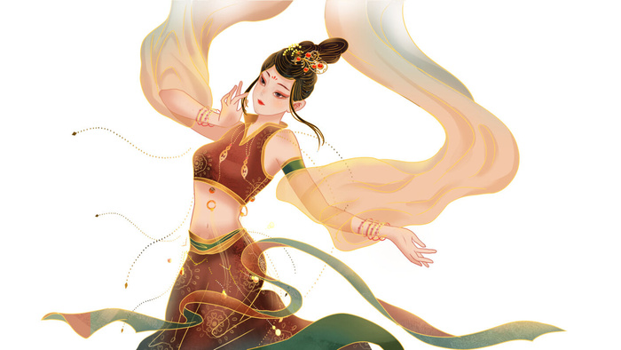 手绘国潮中国风古代敦煌神话飞天仙女美女古装人物插画PSD素材