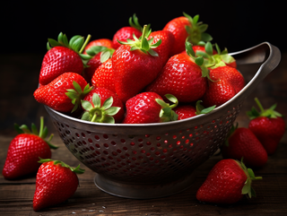 铁盆里装满了红色草莓水果摄影图
