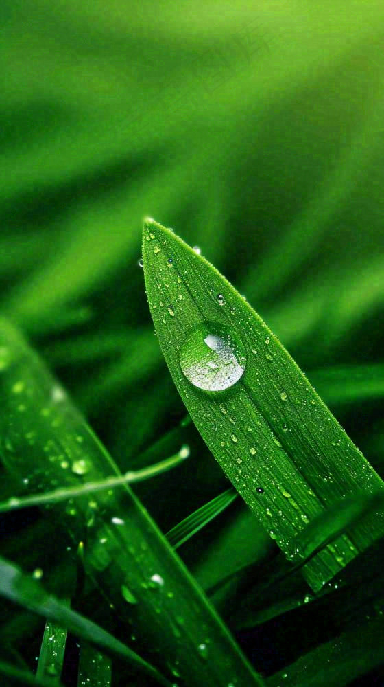 夏天绿植叶子露珠萌芽清新，雨水白露谷雨摄影图(816x1456)