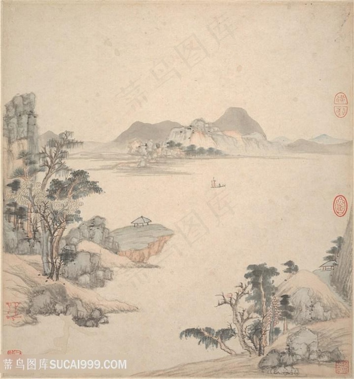 明代王鉴湘碧居士仿古册页烟波木舟国画图片