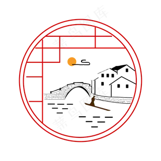 彩色中国风古风古巷古桥孤舟窗棂免扣手绘