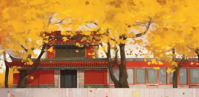 秋季宫墙树木落叶古风背景(1568x768)