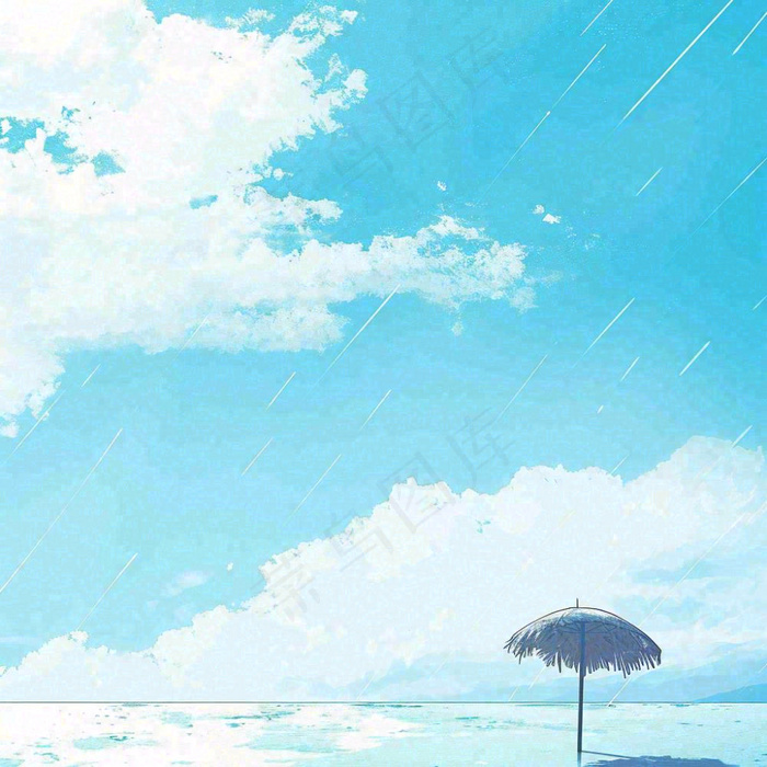 夏天海边蓝天白云水彩画(1024x1024)