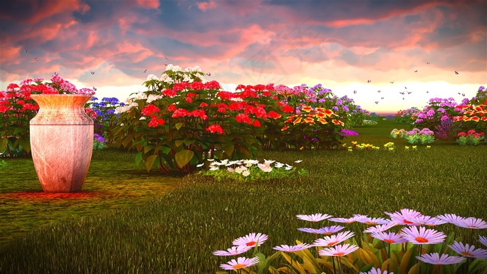 鲜艳花卉植物与多云的天空高清图片