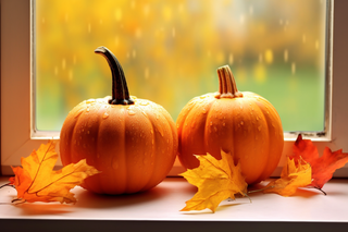 窗户飘窗上的落叶和黄色的南瓜摄影图