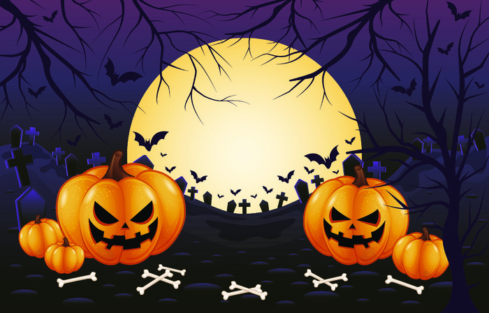 万圣节月亮南瓜蓝色背景
