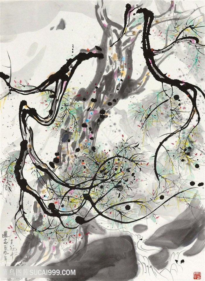 吴冠中手绘水墨树枝河流装饰画